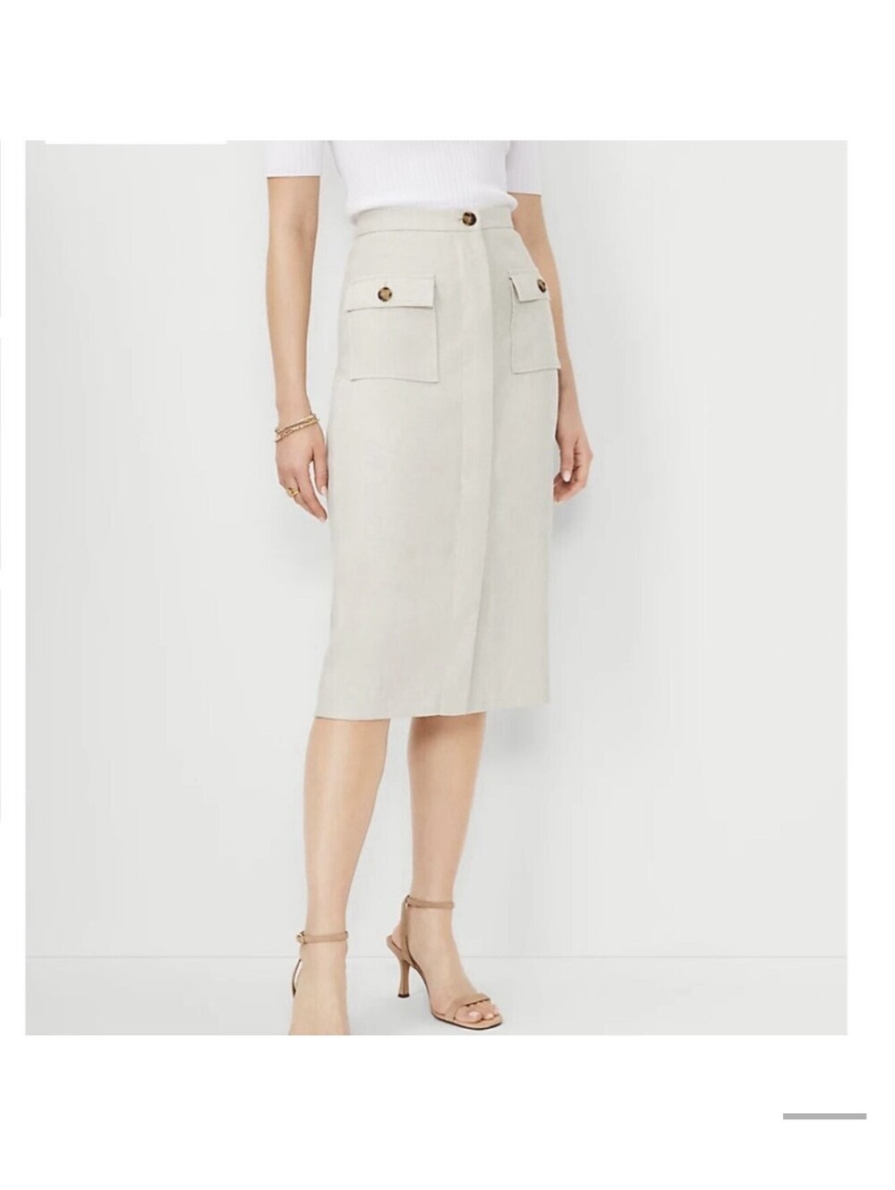 Ann Taylor Linen Blend Pencil Midi Skirt Pockets Button Slit Beige Size 4